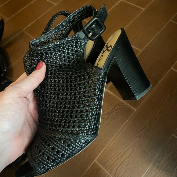 SAM EDELMAN EVIE BLACK shoes WOVEN OPEN TOE SLING BACK HEELS size 9.5 sandals - Picture 6 of 16